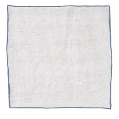 Set of 4 Natural Linen Napkins with Stone Blue Rolled Hem
