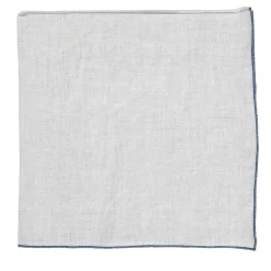 Set of 4 Natural Linen Napkins with Stone Blue Rolled Hem