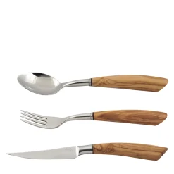 Set of 18 Olive Wood Forks, Spoons, and Steak Knives
