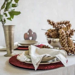 Set of 4 Round Red Velvet Placemat Covers with Wooden Support