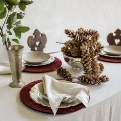 Set of 4 Round Red Velvet Placemat Covers with Wooden Support