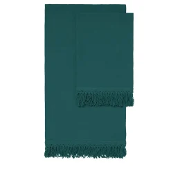 Set of 2 Teal Linen Towels with Long Fringes
