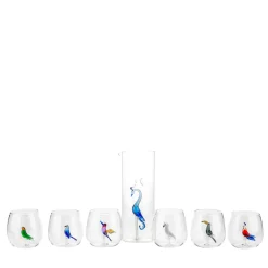 Set of 6 Tropical Bird Glasses and Peacock Pitcher