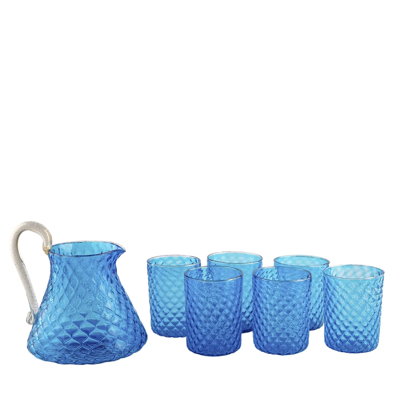 Set of Blue Balloton Pitcher and 6 Glasses