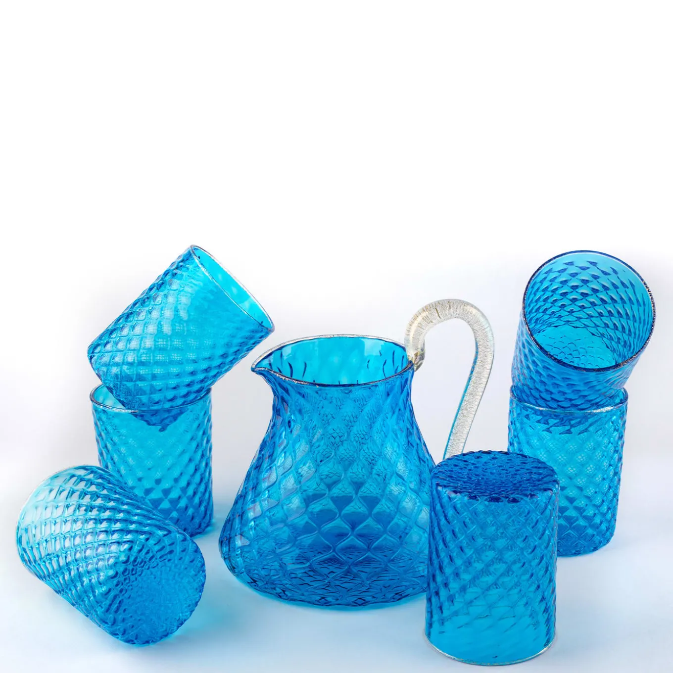 Set of Blue Balloton Pitcher and 6 Glasses