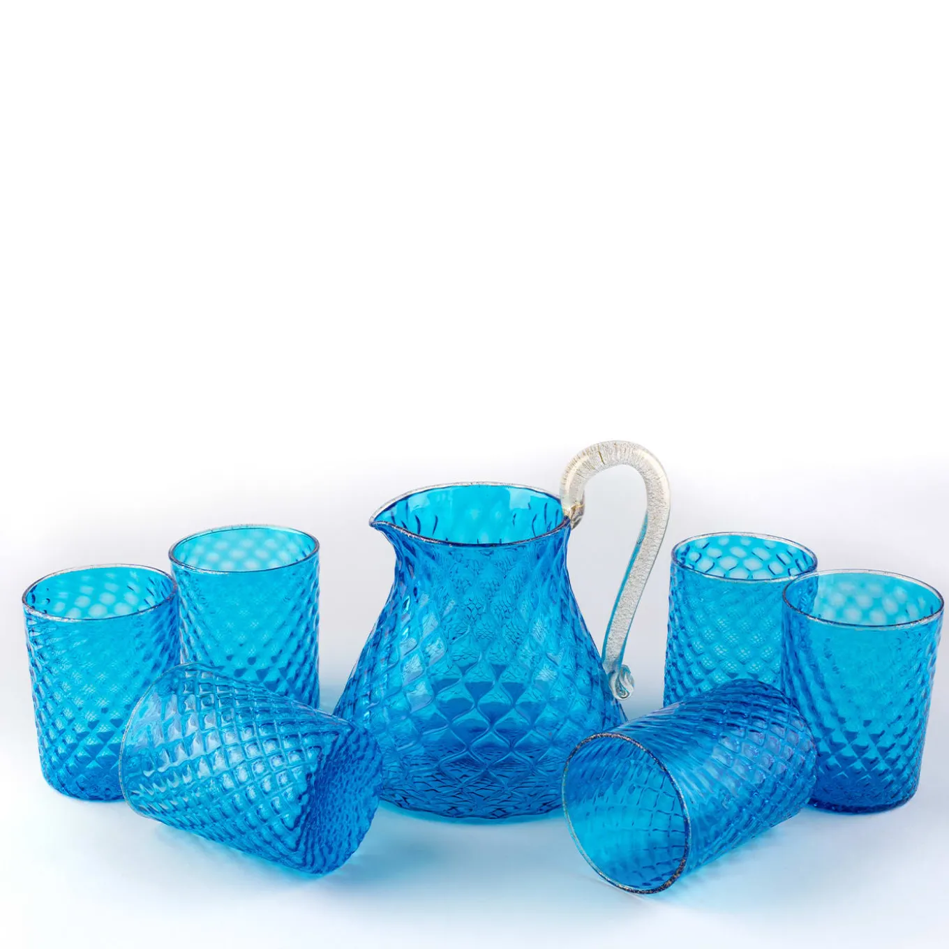 Set of Blue Balloton Pitcher and 6 Glasses