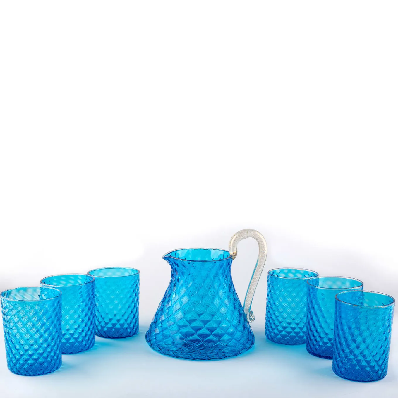 Set of Blue Balloton Pitcher and 6 Glasses