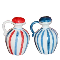 Set of Ceramic Red and Blue Olive Oil and Vinegar Bottles