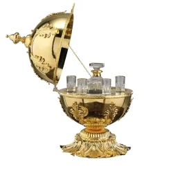 Set of Crystal Liqueur Decanter and 6 Glasses in Gold Globe Container
