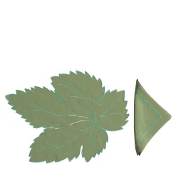 Set of Foglia Hand Embroidered Linen Placemat and Napkin