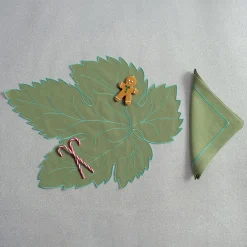 Set of Foglia Hand Embroidered Linen Placemat and Napkin