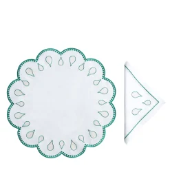 Set Of Gocce Green Round Linen Placemat And Napkin