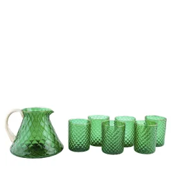 Set of Green Balloton Pitcher and 6 Glasses