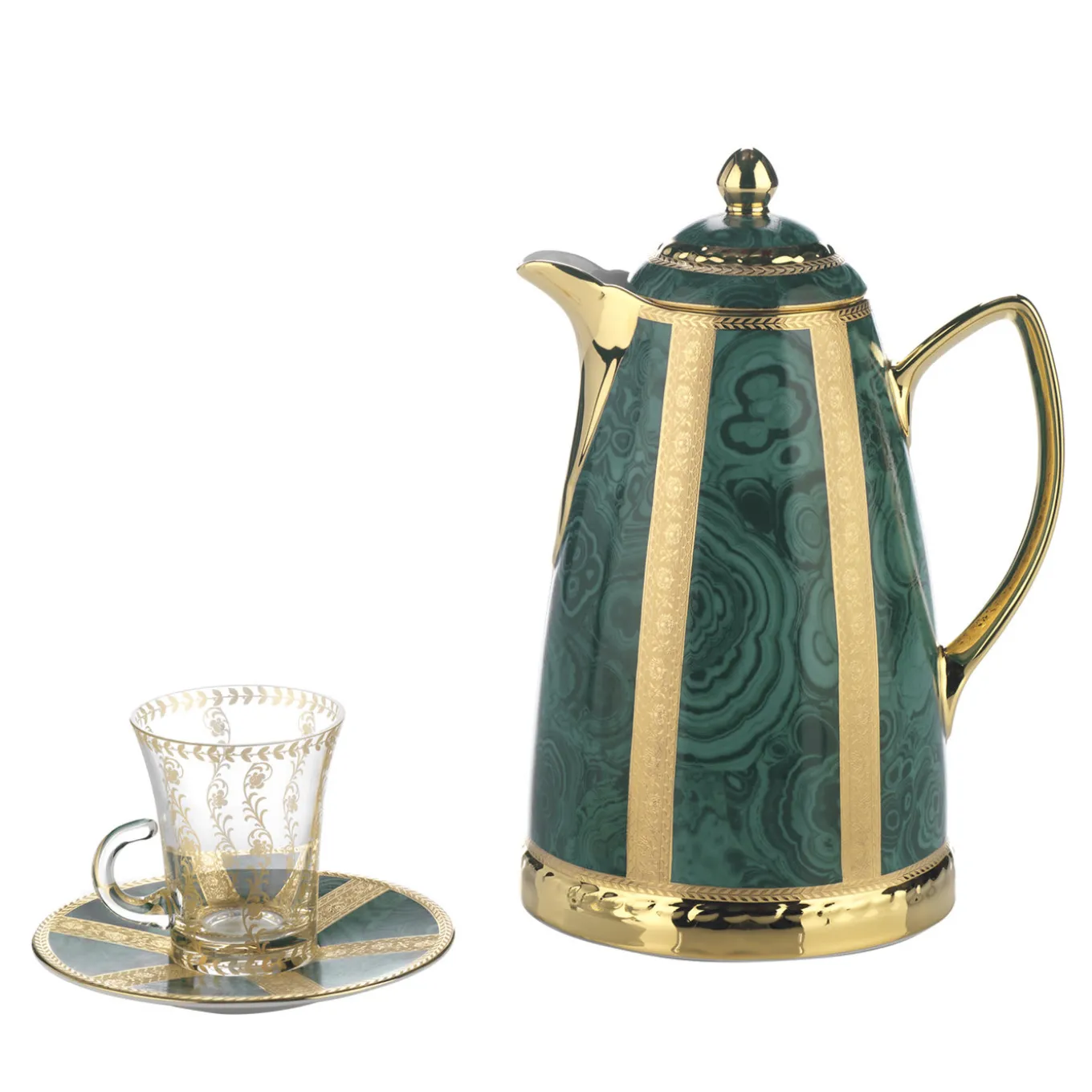 Set of Green Thermos and 6 Crystal Cups with Saucers