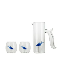 Set of Little Blue Fish Pitcher and Four Rounded Little Blue Fish Glasses