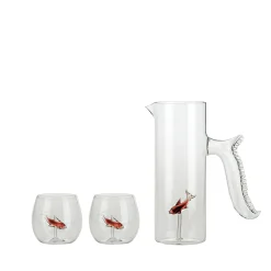 Set of Little Red Fish Pitcher and Four Rounded Little Fish Glasses