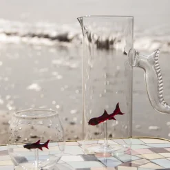 Set of Little Red Fish Pitcher and Four Rounded Little Fish Glasses