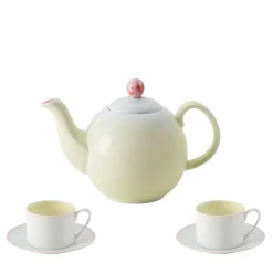 Set of Murrine Green Small Teapot with Two tea Cups and Saucers