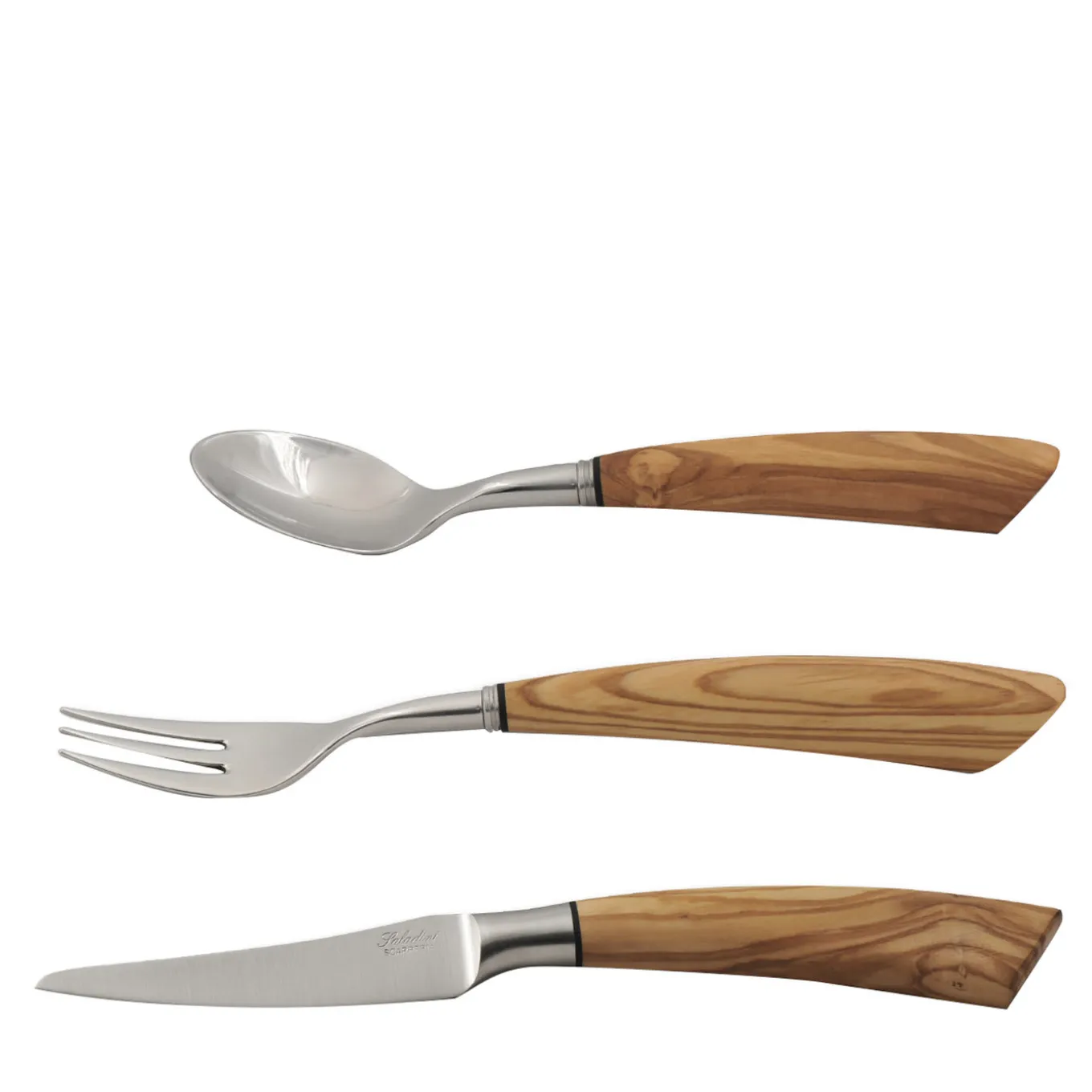 Set of Six Fork, Knife, and Spoon for Dessert in Olive Wood