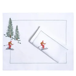 Set of Ski Hand Embroidered Placemat and Napkin #4