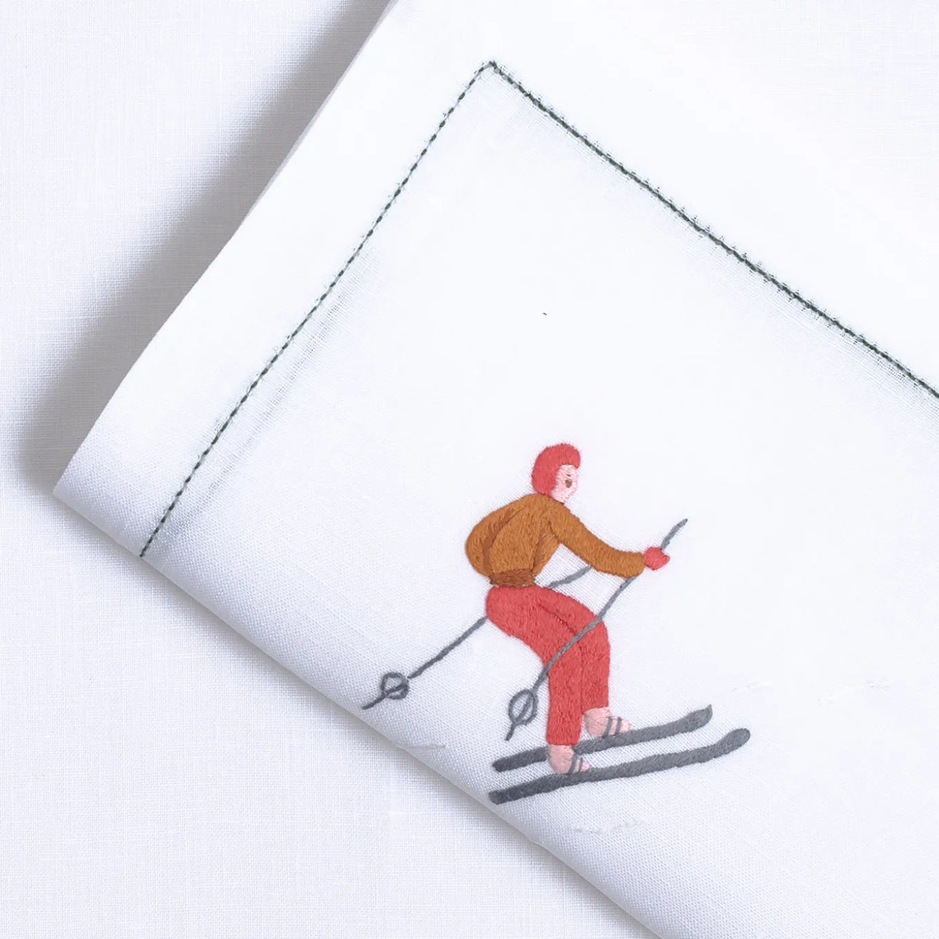 Set of Ski Hand Embroidered Placemat and Napkin #4