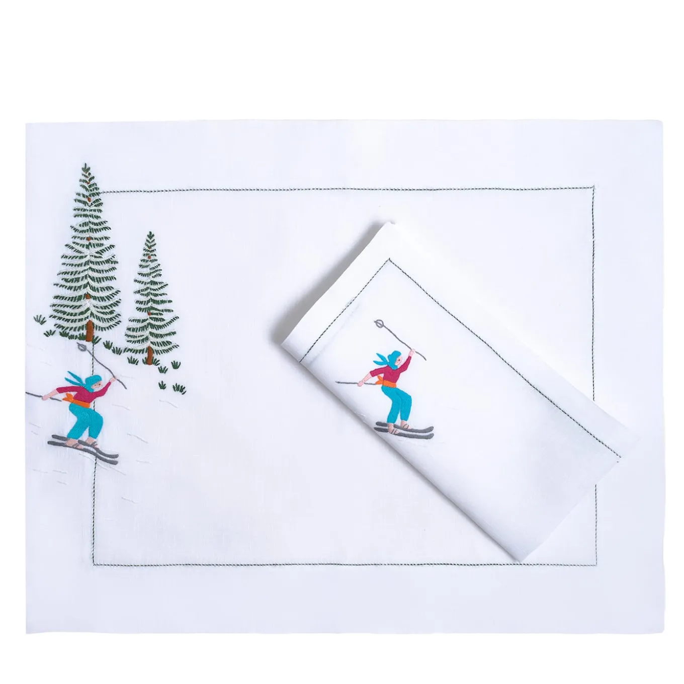 Set of Ski Hand Embroidered Placemat and Napkin #3