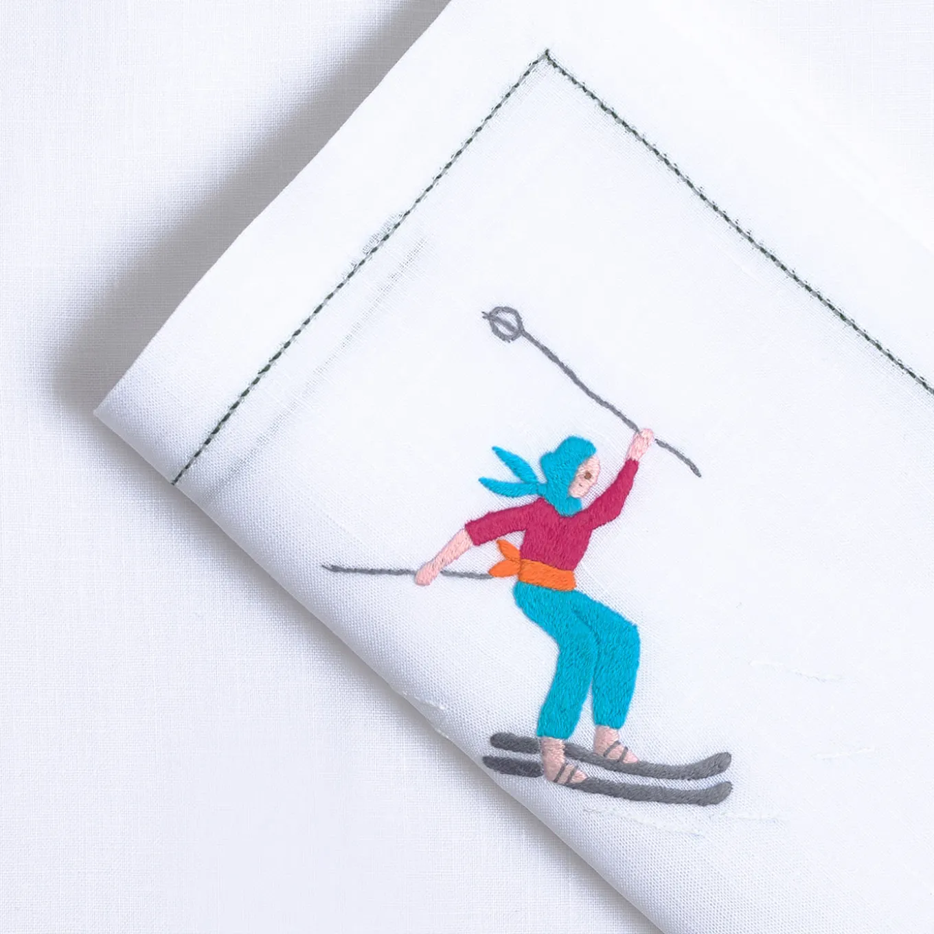 Set of Ski Hand Embroidered Placemat and Napkin #3