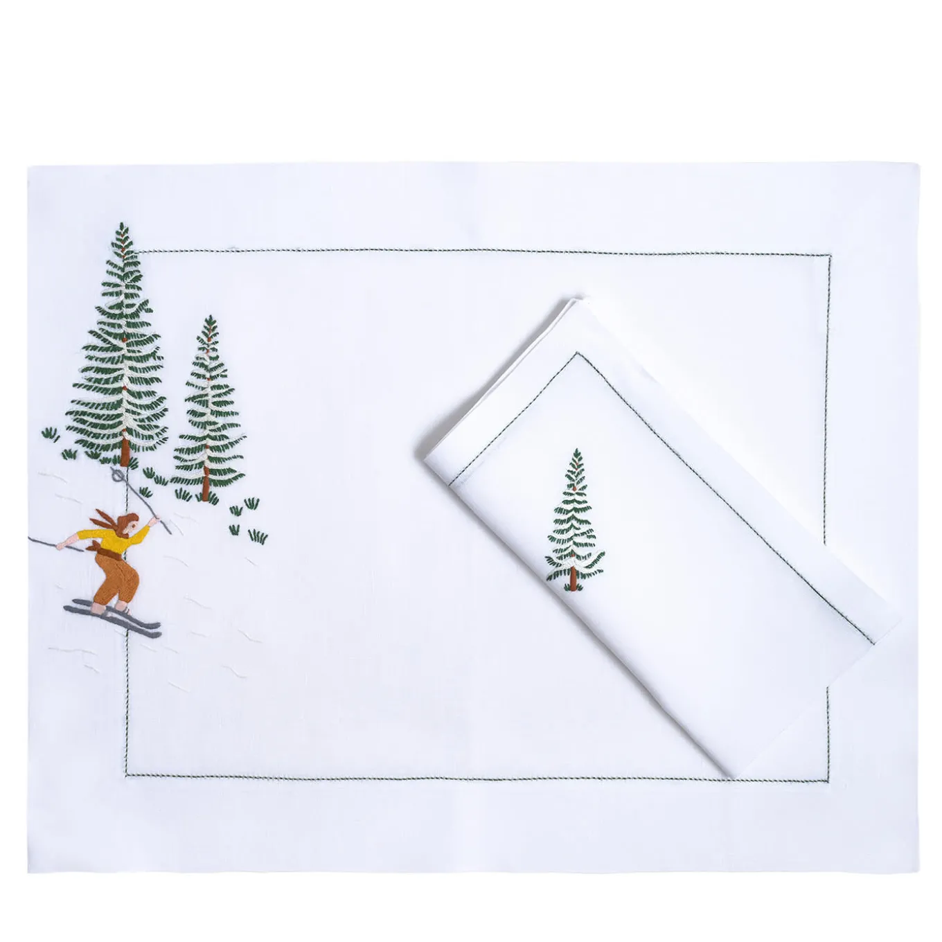 Set of Ski Hand Embroidered Placemat and Napkin #1