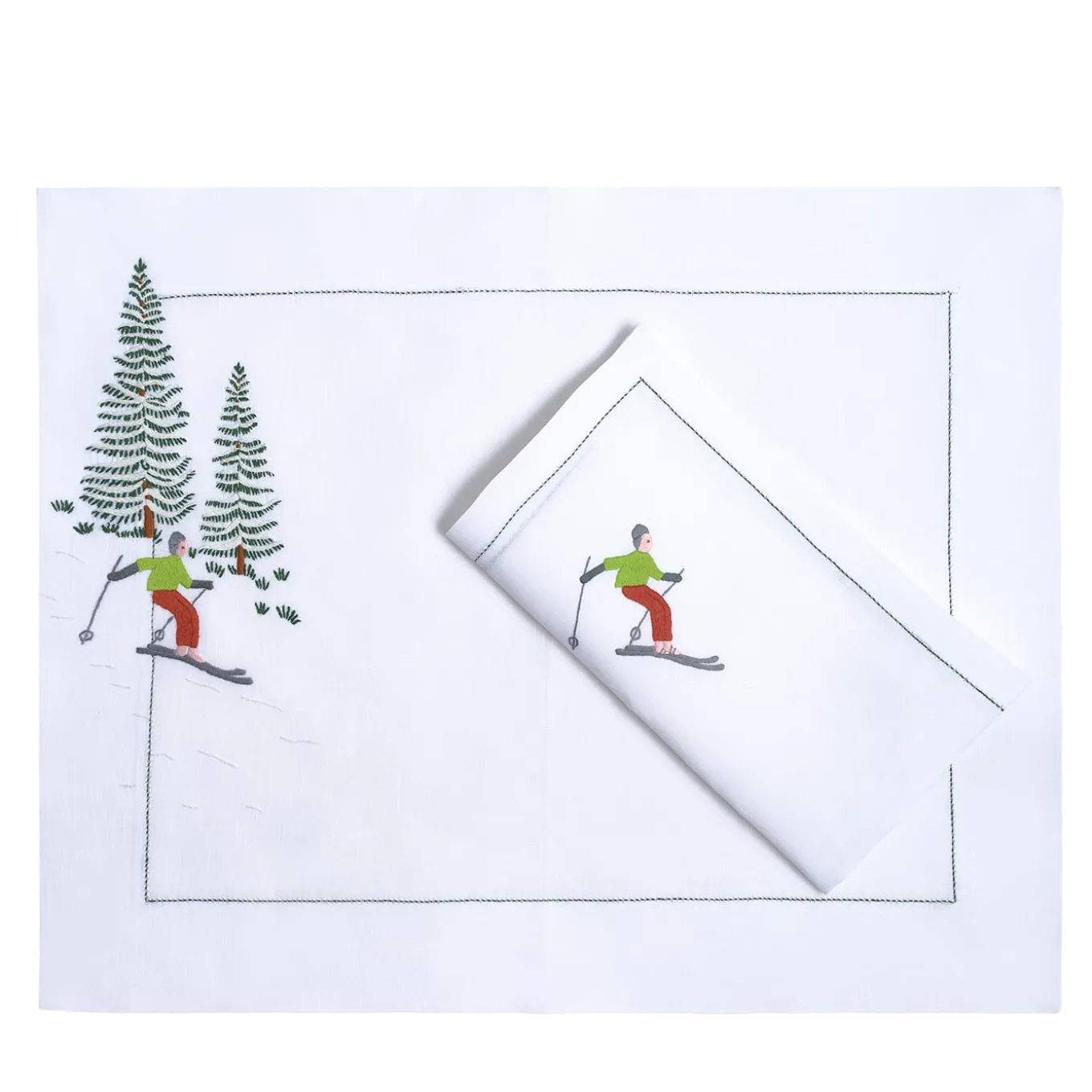 Set of Ski Hand Embroidered Placemat and Napkin #2
