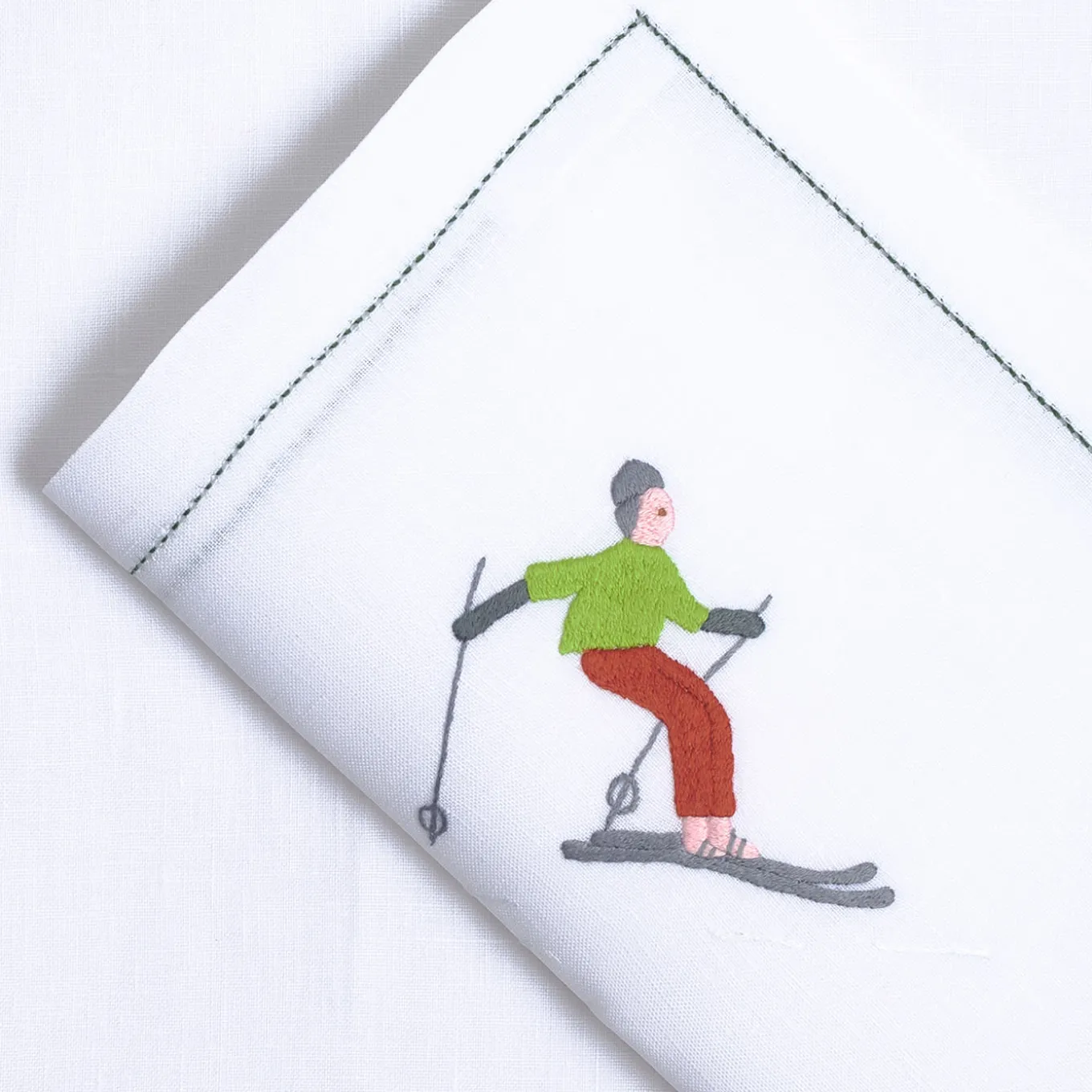 Set of Ski Hand Embroidered Placemat and Napkin #2