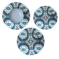 Set of Three Ikat Ceramic Plates in Blue Black and White for 1