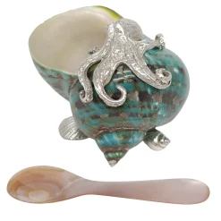 Shell & Silver Turquoise Salt Cellar with Mother-of-Pearl Spoon
