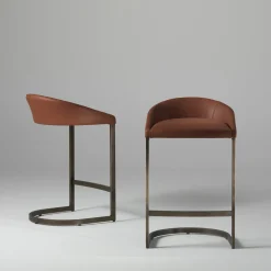 Sign brown leather with bronze finish brass base high stool