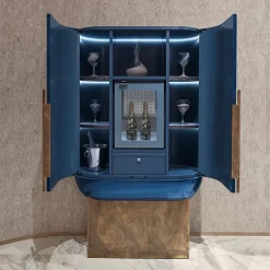 Siona Blue Polished Lacquered Wood And Leather Bar Unit