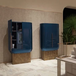 Siona Blue Polished Lacquered Wood And Leather Bar Unit