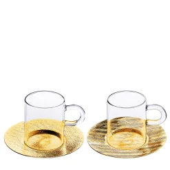 SLO2 Set of 2 Crystal Espresso Cups with Gold-Plated Saucers