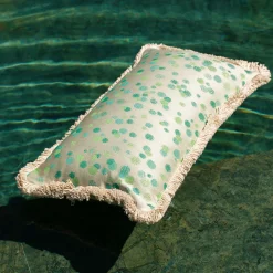 Small Aqua and Green Fringed Cushion
