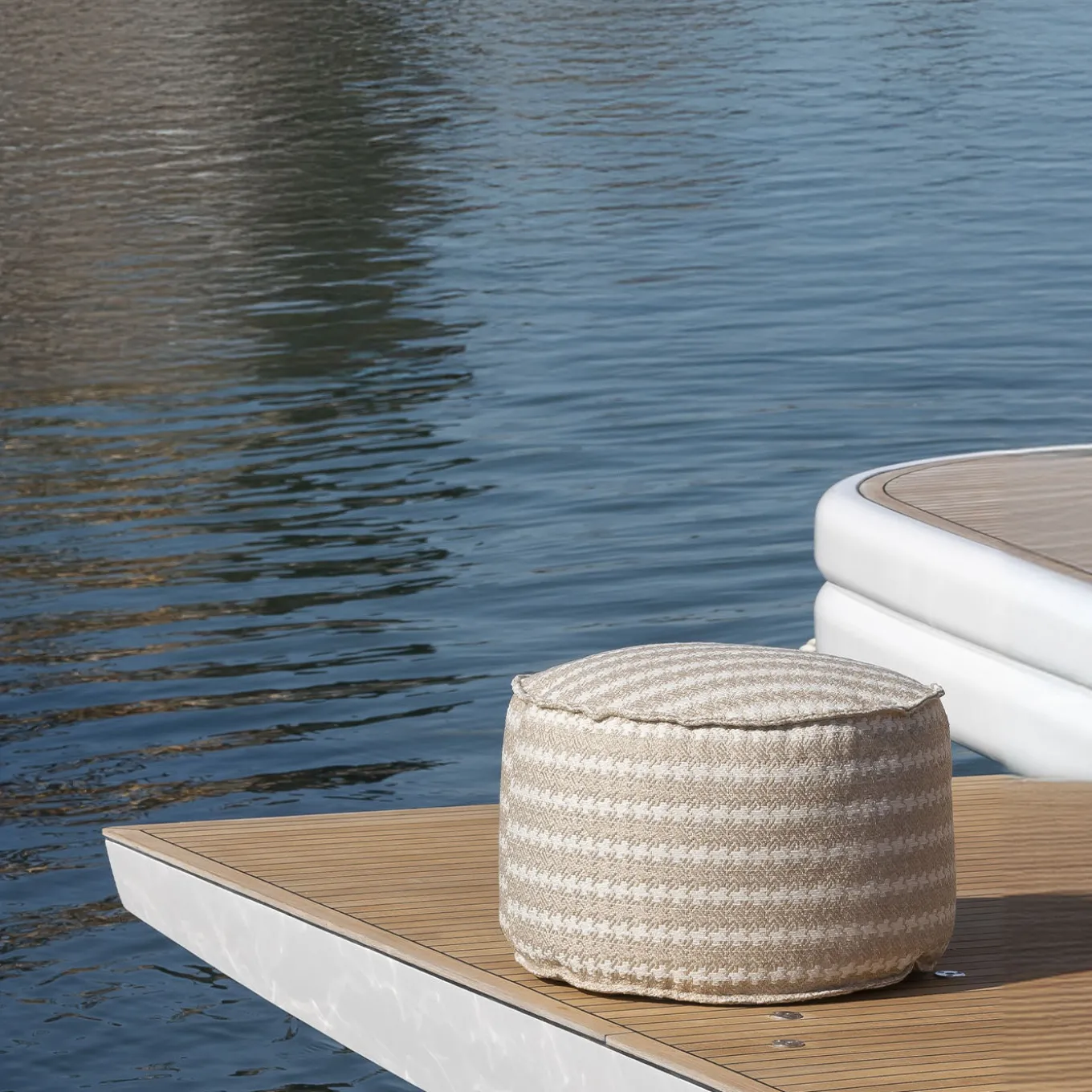 Soft Cay beige and white fabric Outdoor Pouf