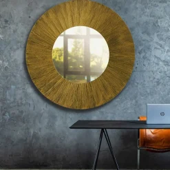 Sole Illuminated Round Mirror Decorated With Gold And Bronze Radial Brushed Resin