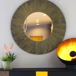 Sole Illuminated Round Mirror Decorated With Gold And Bronze Radial Brushed Resin