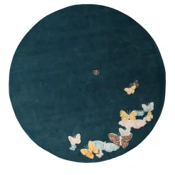 Spirit In The Night Sky Butterfly Blue Handmade Wool and Silk Round Rug