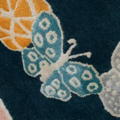 Spirit In The Night Sky Butterfly Blue Handmade Wool and Silk Round Rug