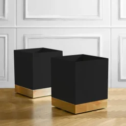 Square-Based Black & Brass Metal Wheeled Cachepot