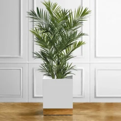 Square-Based White & Brass Metal Wheeled Cachepot