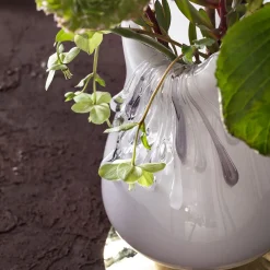 Stravedamento White Murano Glass & Hammered Brass Decorative Vase