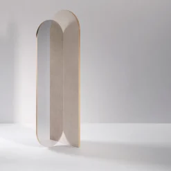 takada beige bison leather and polished brass metal mirror