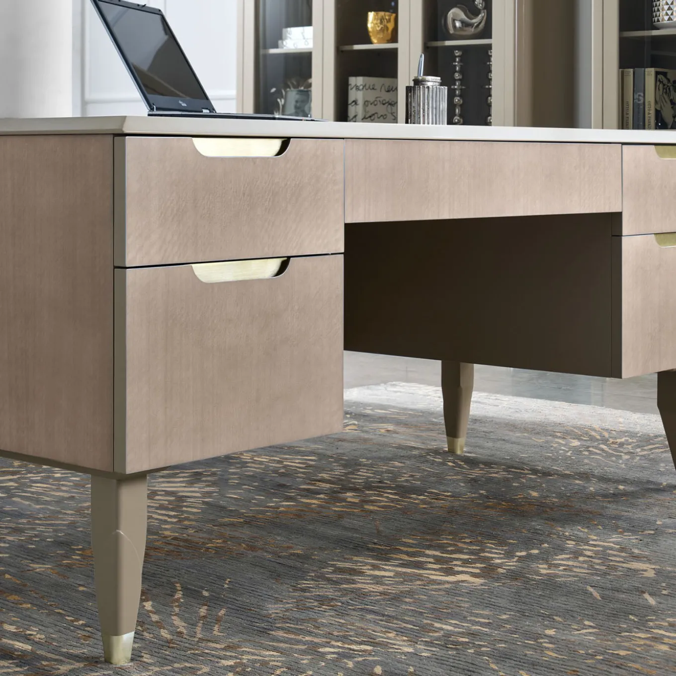 Taupe Eucalyptus Writing Desk with Champagne Handles from Studio Privè Collection
