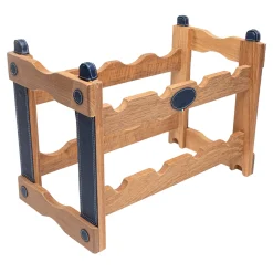 Teak Bottle Rack with Blue Eco-Leather Inserts