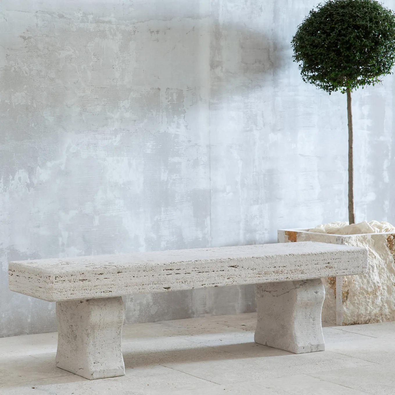 Tempore beige travertine stone outdoor bench