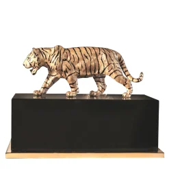 Tiger Brass With Black Lacquer Base Figurine